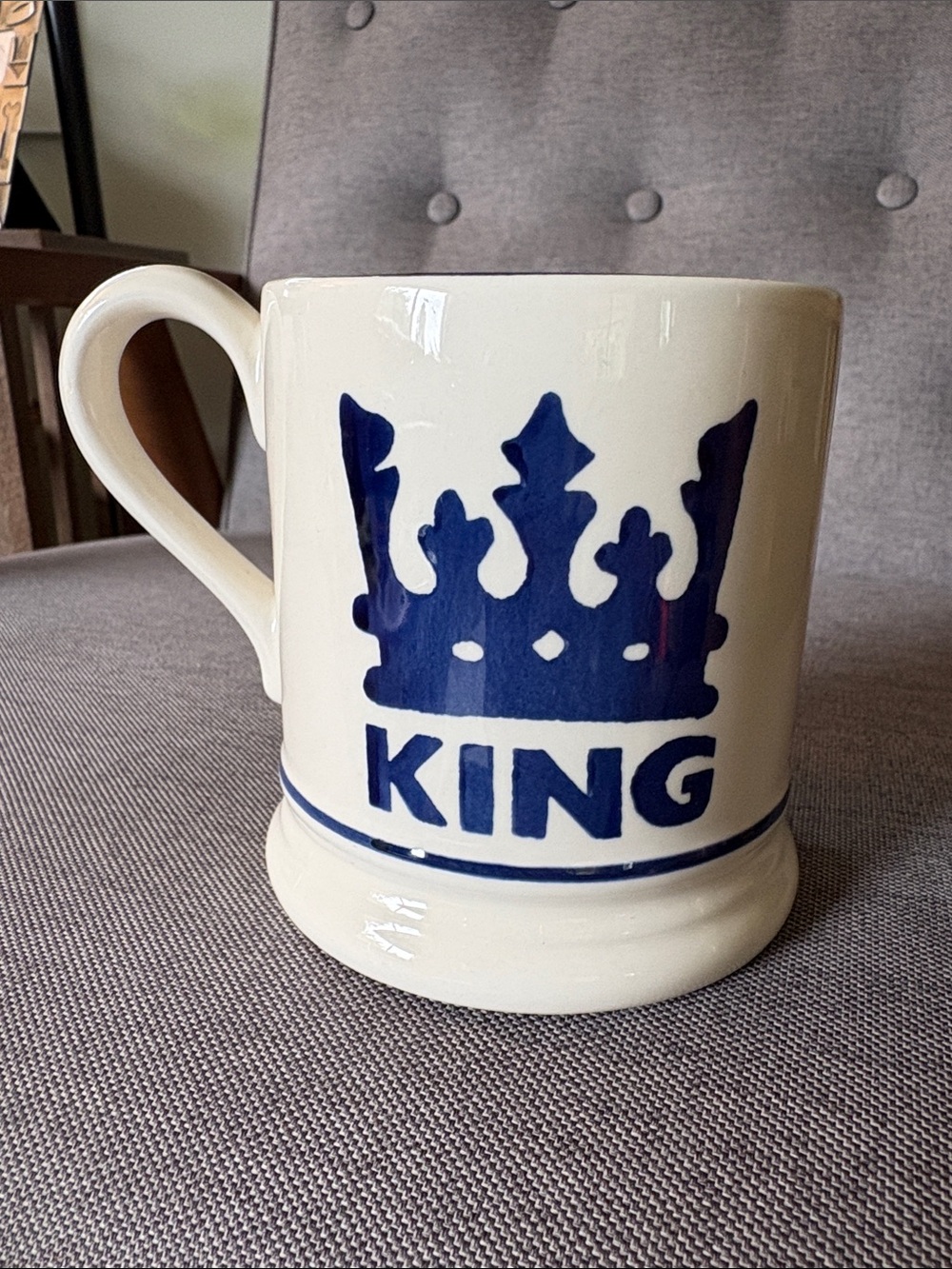 Emma Bridgewater England White Ceramic 'KING' Mug with Blue Crown Accent